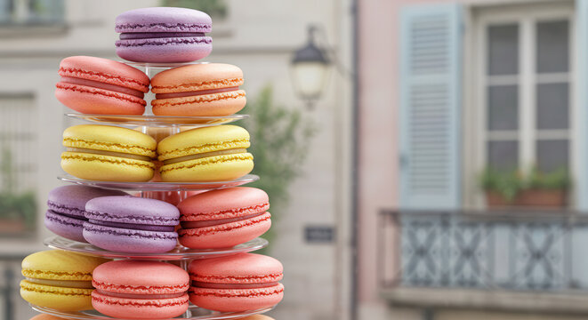 Colorful Stacked Macarons Displayed in Parisian Pastry Shop 