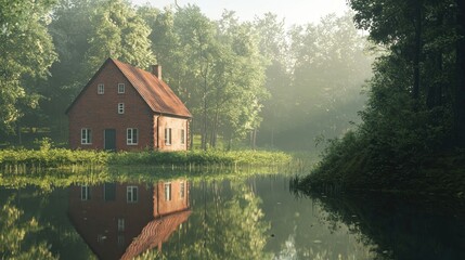 Fototapeta premium Misty morning, red brick house reflected in calm water, surrounded by lush green forest.