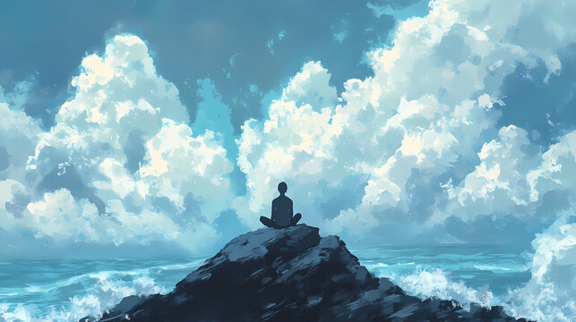 Mountain peak meditation, a serene figure in contemplation, surrounded by vast skies and distant horizons, embodying tranquility and inner peace. Bliss - Beach. Illustration