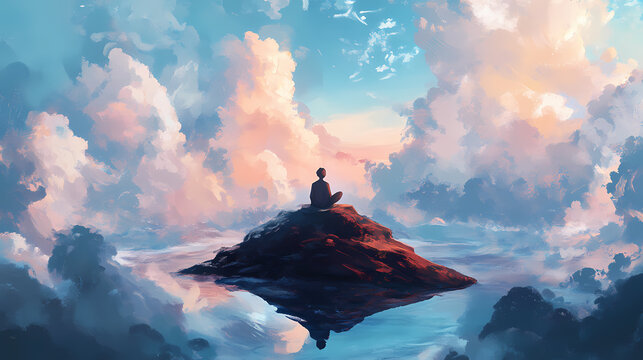 Mountain peak meditation, a serene figure in contemplation, surrounded by vast skies and distant horizons, embodying tranquility and inner peace. Bliss - Beach. Illustration