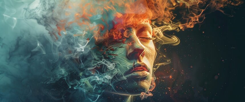 Fragmented face dissolves in smoke. Vivid colors chaos, dark shadows despair. Artistic drug addiction symbolic image.