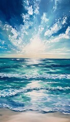 A beautiful painting depicting a sunny beach scene with waves