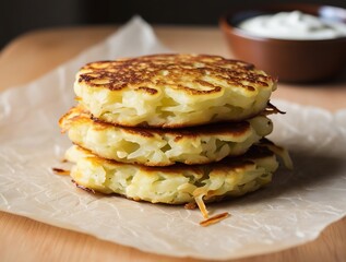 Golden brown zucchini fritters stacked on parchment paper with a bowl of creamy dipping sauce in the background, freshly cooked and crispy, perfect for a delicious homemade appetizer or snack

