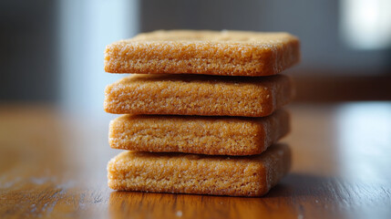 stack of four square cookies is neatly arranged on wooden table, showcasing their golden brown color and sugar coated texture. blurred background adds depth to image