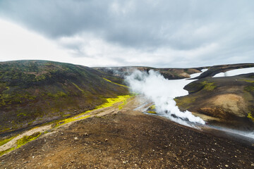 A Stunning View of an Icelandic Landscape Featuring Smoky Steam and Lush Greenery Amongst Barren Hills Under a Cloudy Sky
