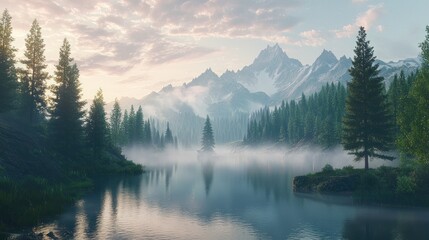 Fototapeta premium Misty sunrise over tranquil mountain lake with evergreen forest reflection.