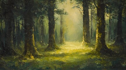 Obraz premium Sunlit path through a lush, green forest.