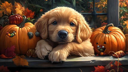 A golden puppy rests playfully among pumpkins, capturing the essence of autumn and halloween festivities in a cozy outdoor setting. Bliss - Beach. Illustration