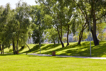 Obraz premium Walkway surrounded by trees and lawns in Kyiv, Europe. Recreation place in the city park