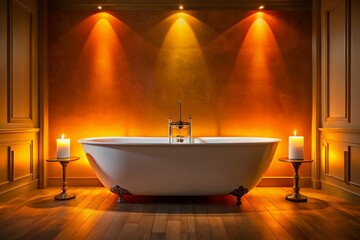 Luxurious Modern Bathroom: White Freestanding Tub with Dramatic Backlit Wall