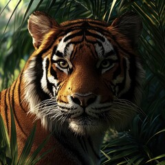 Fototapeta premium Majestic tiger peering from lush foliage.