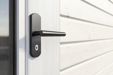 office door handle:   metal handle on  minimalist door, style in interior.