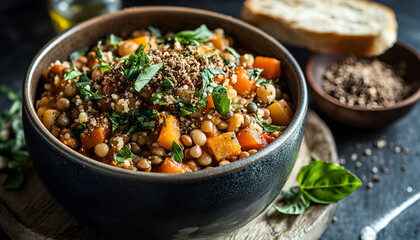 vegan lentil and couscous ragu with herbs and dukkah as topping, healthy plant-based food recipes