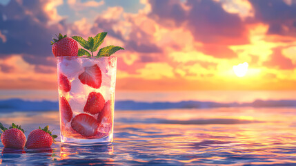 A vibrant cocktail of strawberries garnished with mint, set against a stunning sunset over the ocean, ideal for summer vibes. Bliss - Beach. Illustration