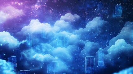 Ethereal Digital Metropolis: Futuristic Cityscape Amidst Cosmic Clouds