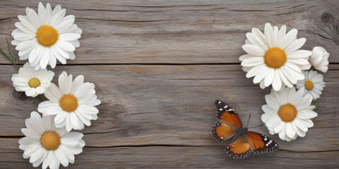 Obraz premium Daisy and Butterfly on Rustic Wood Wall