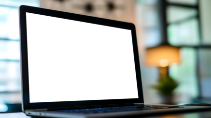 Laptop Mockup with Transparent PNG Screen on Office Table for Easy Customization and Design Previews