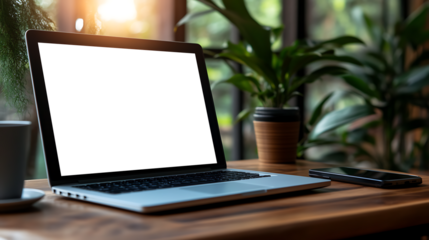 Laptop Mockup with Transparent PNG Screen on Office Table for Easy Customization and Design Previews