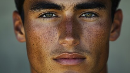 Fototapeta premium Close-up portrait of a young man with sun-kissed skin and intense gaze.
