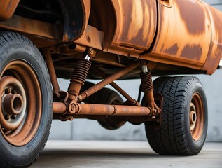 Naklejka premium Close-up of an old rusted truck undercarriage with corroded metal parts and worn-out suspension, highlighting aging vehicles, decay, and mechanical wear and tear
