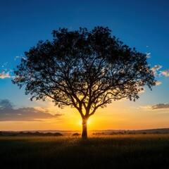 Fototapeta premium Solitary tree silhouetted against a vibrant sunset over a grassy field.