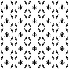 Seamless pattern of ants and leaves. Silloutte of ants and leaves seamless pattern