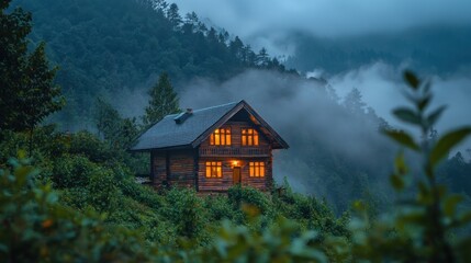 Fototapeta premium Cozy cabin nestled in misty mountainside at dusk.