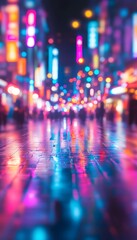 Fototapeta premium Vibrant city street illuminated by bright neon lights and reflections at night