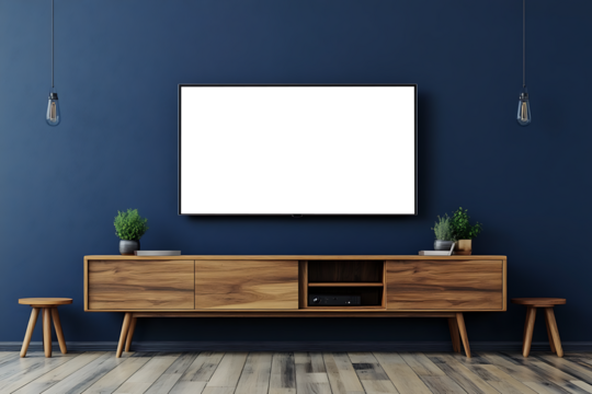 A High-Definition Smart TV with a PNG Screen for Customized Use on a Navy Blue Background with Ample Room for Branding.