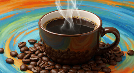 Hot Coffee Cup with Steam on Colorful Background Surrounded by Roasted Beans