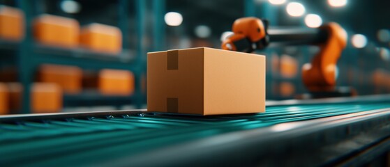 cardboard box on conveyor belt in modern warehouse