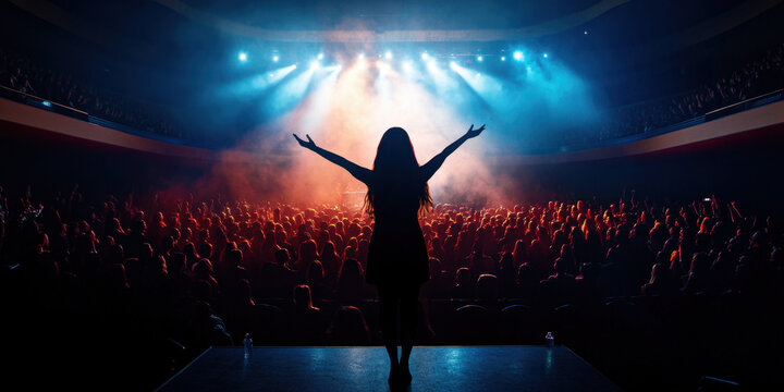 Silhouette of the singer with a microphone on stage under bright spotlights, conveying the atmosphere of a musical show and creativity. The concept of a singer on stage