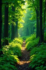 Fototapeta premium Evergreen foliage carpeting a winding forest path, evergreen, woodland, green foliage