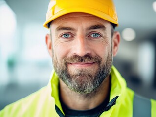 construction worker smiling wearing hard hat and safety vest
