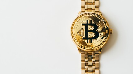 A luxurious gold watch featuring the Bitcoin logo, symbolizing the intersection of timekeeping and cryptocurrency investment.