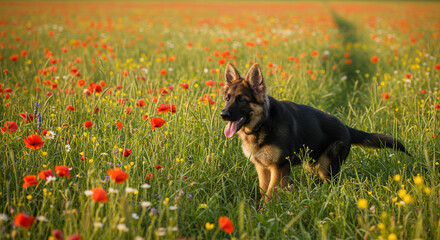 German Shepherd Dog Standing in Flower Field with Poppies and Green Grass on a Sunny Spring Day