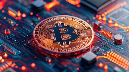 A close-up of a Bitcoin coin resting on a circuit board, symbolizing the intersection of cryptocurrency and technology.