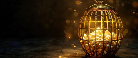 Obraz premium A golden cage filled with pills, an intricate design, with faint glowing light, symbolizing cartoon addiction watermark.