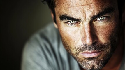 Obraz premium Close-up portrait of a serious, intense man with piercing green eyes and stubble.