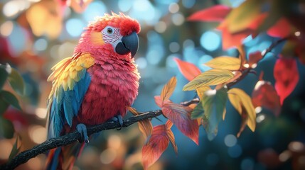 Scarlet macaw perched on autumn branch.