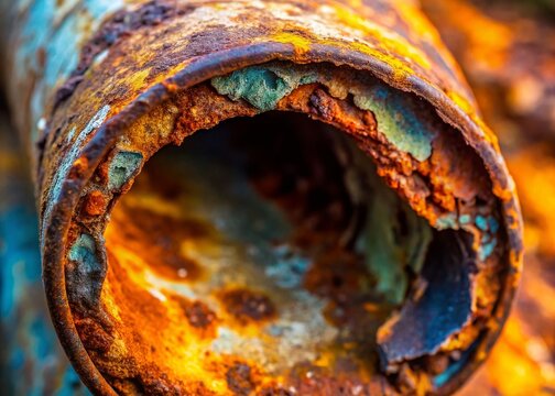 Macro Photography of Corroded Galvanized Water Pipe, Rust Texture, Industrial Decay Detail