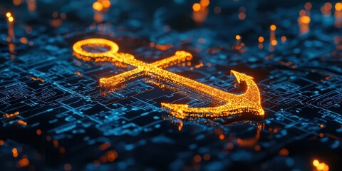 A glowing anchor symbol is set against a digital background, highlighting a fusion of maritime themes and technology.