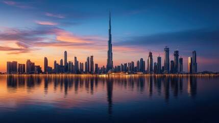 Fototapeta premium Stunning sunset cityscape with skyscrapers reflecting on calm water.