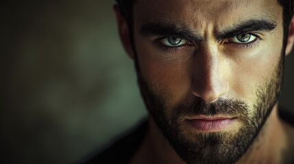 Obraz premium Close-up portrait of a serious, intense man with piercing green eyes and a short beard.