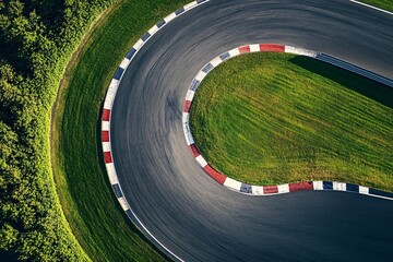 Aerial view of a sharp turn on a race track. Red and white safety markers.