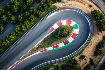 Aerial shot of a hairpin turn on a racetrack. Red and white painted curbs.