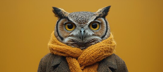 Surreal portrait of an owl in tweed wisdom and coziness combined