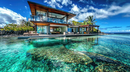 Obraz premium Modern beachfront villa with panoramic glass walls overlooking a clear turquoise lagoon