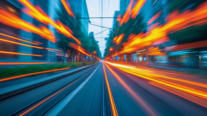 A kinetic, high-energy scene, seemingly photographed from a speeding train or car, blurs the lines between velocity and abstraction. Vibrant, electric streaks of light, rendered in shades of fiery ora