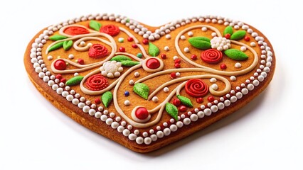 Fototapeta premium Macro Photo of Delicate Gingerbread Heart Cookie with Icing Detail